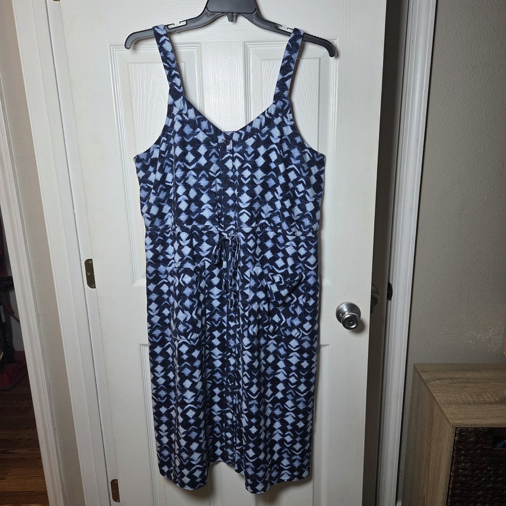 Time and Tru sz XL 16/18 linen/rayon sundress blue print midi pockets cottage
